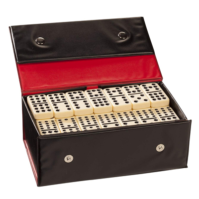 Double 12 Ivory Black Dot Dominoes - Vinyl Case