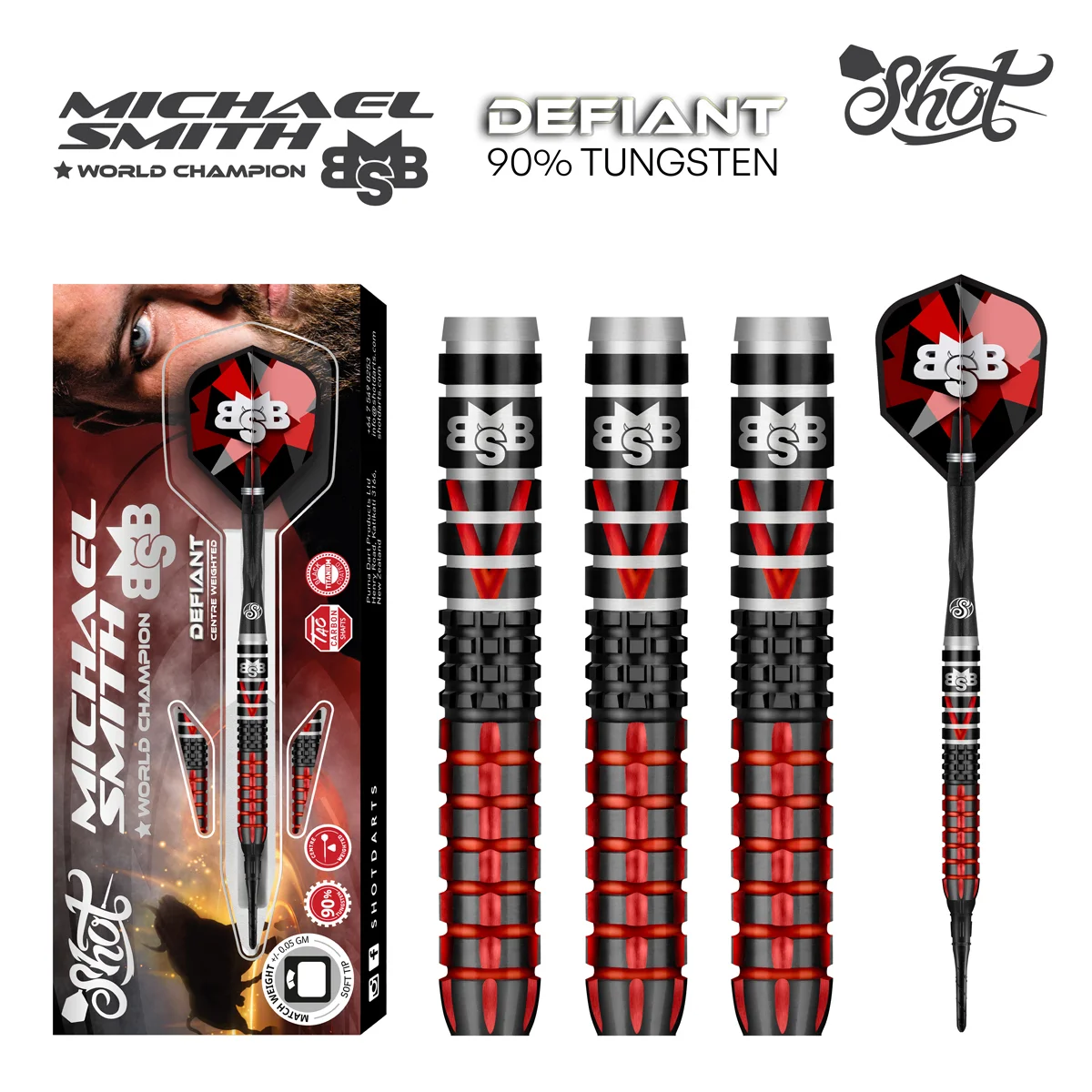 Shot Michael Smith Defiant 90% Tungsten Soft Tip Dart Set